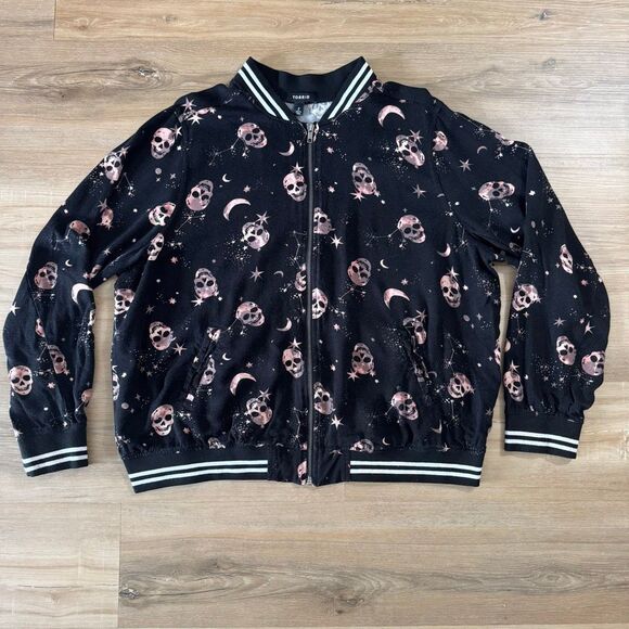 Torrid Womens Black Full Zip Star Constellation & Skull Bomber Jacket Sz 2XL - Picture 1 of 8